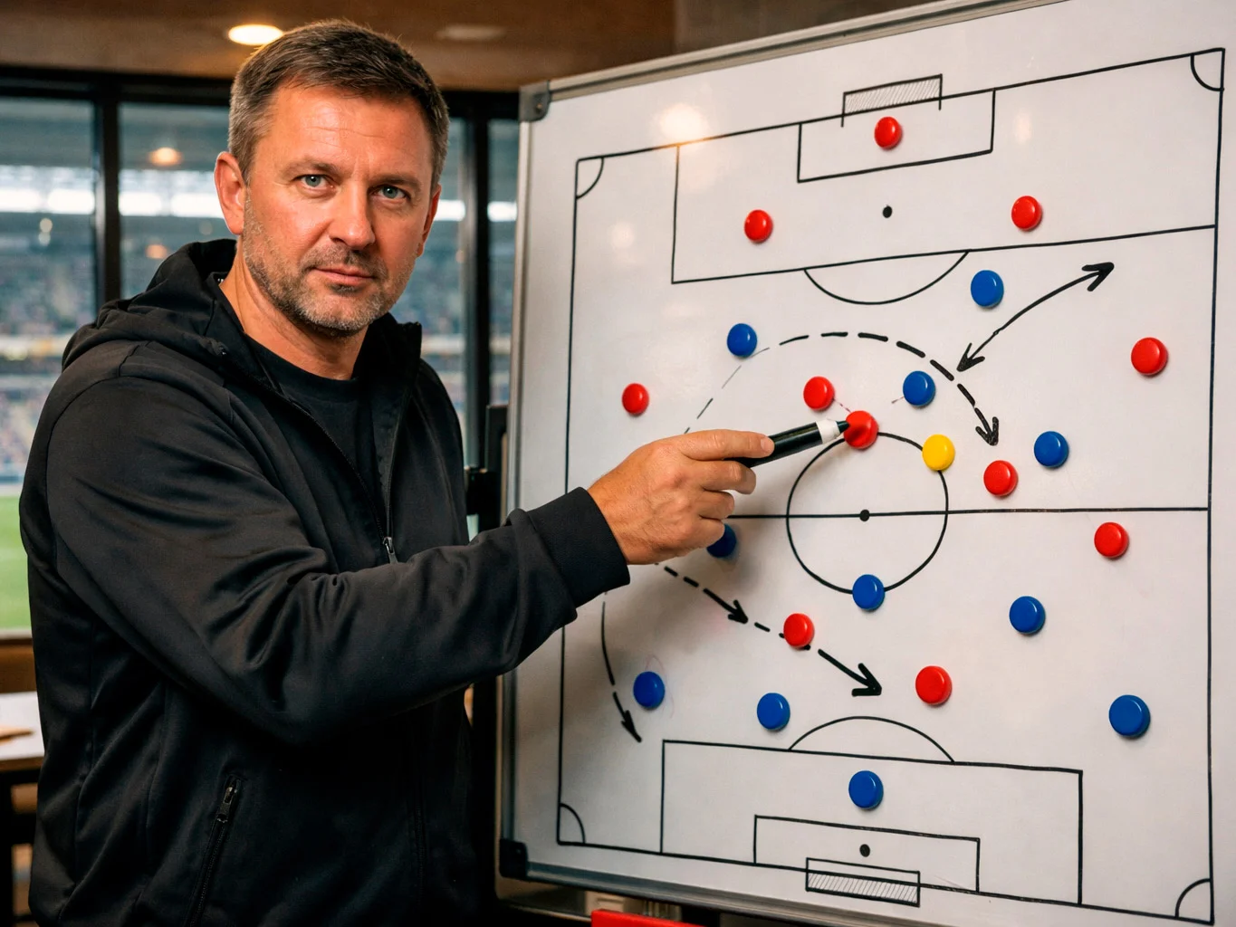Allenatore con lavagna tattica che prepara la strategia della partita