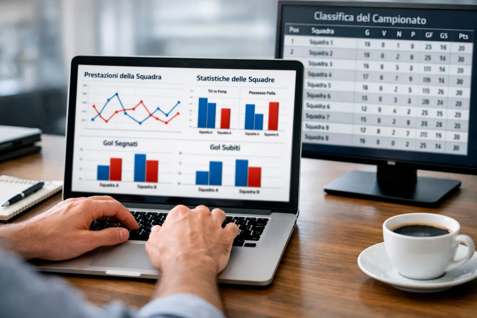 Persona che analizza grafici e statistiche di partite di calcio sul monitor