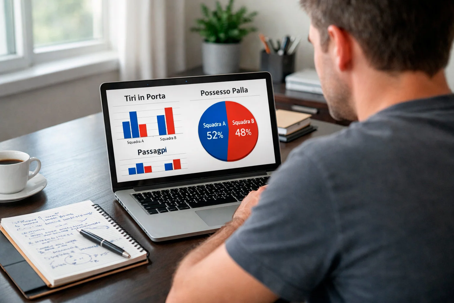 Persona che analizza statistiche di una partita di calcio in corso sul laptop