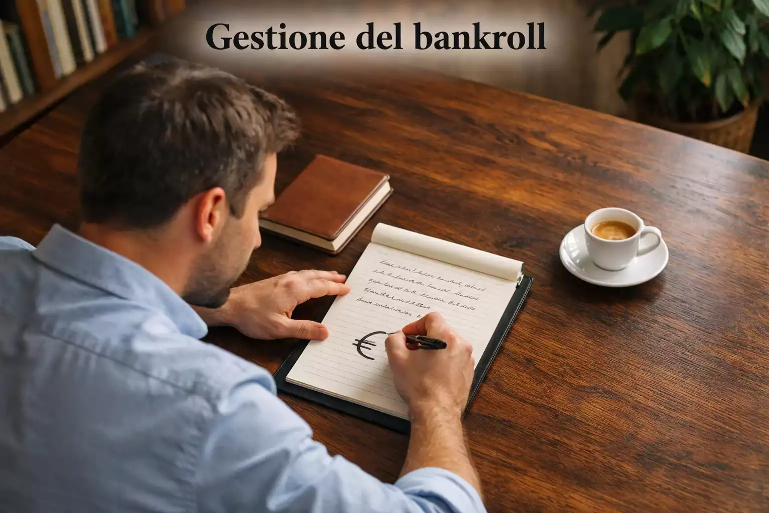 Uomo concentrato che pianifica il budget per le scommesse sportive con un blocco appunti e una penna su una scrivania ordinata