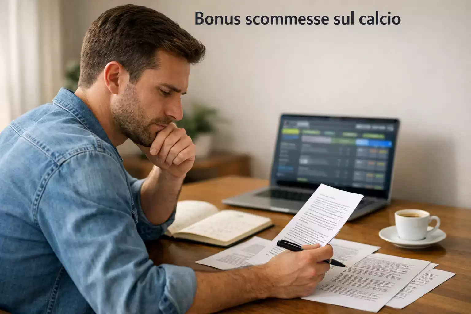 Uomo che analizza documenti e condizioni di scommesse sportive su una scrivania ordinata