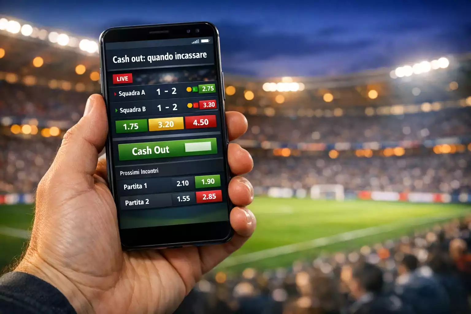 Mano di uno scommettitore che tiene uno smartphone con una partita di calcio sullo sfondo di uno stadio illuminato