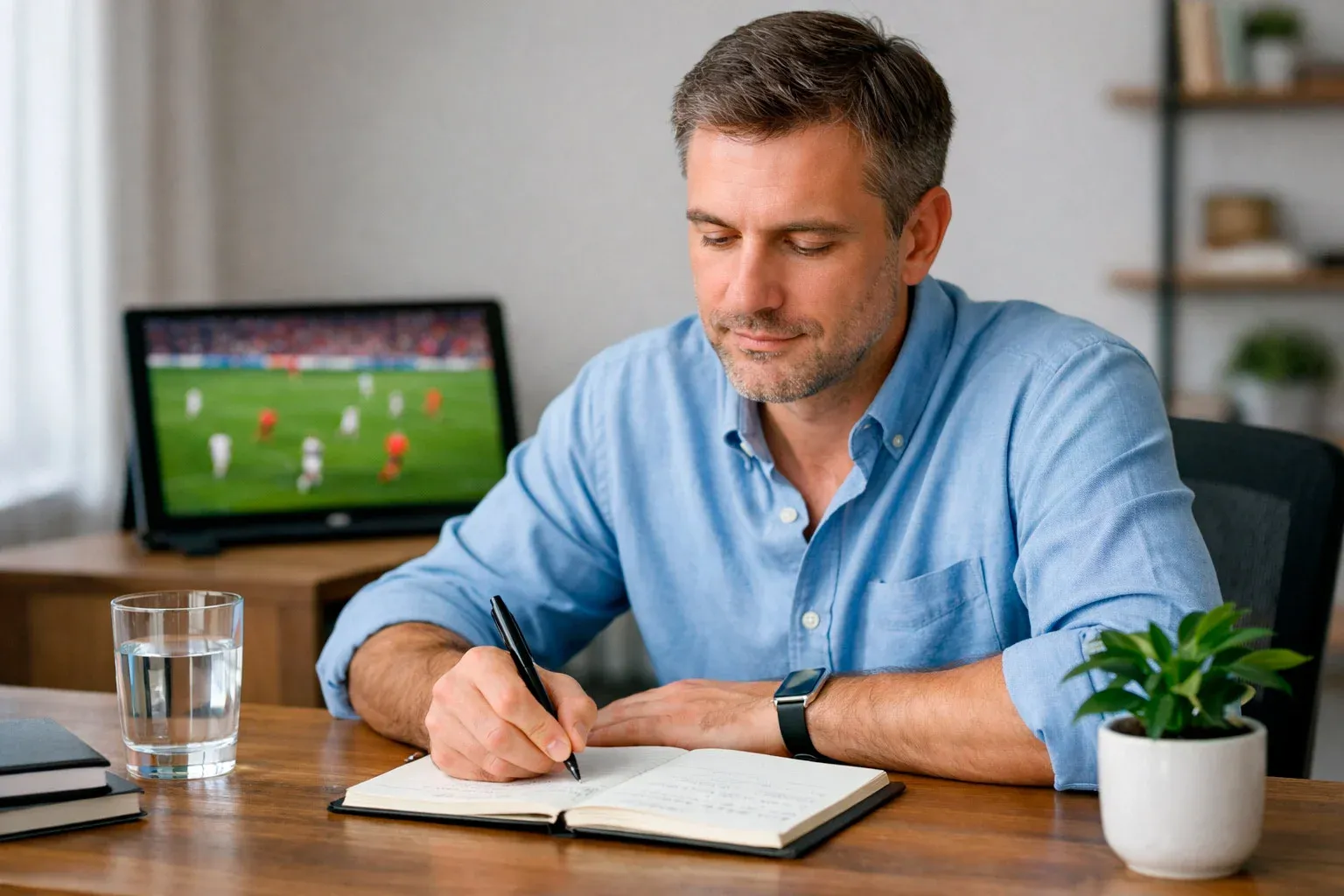 Persona calma e concentrata che prende appunti guardando una partita