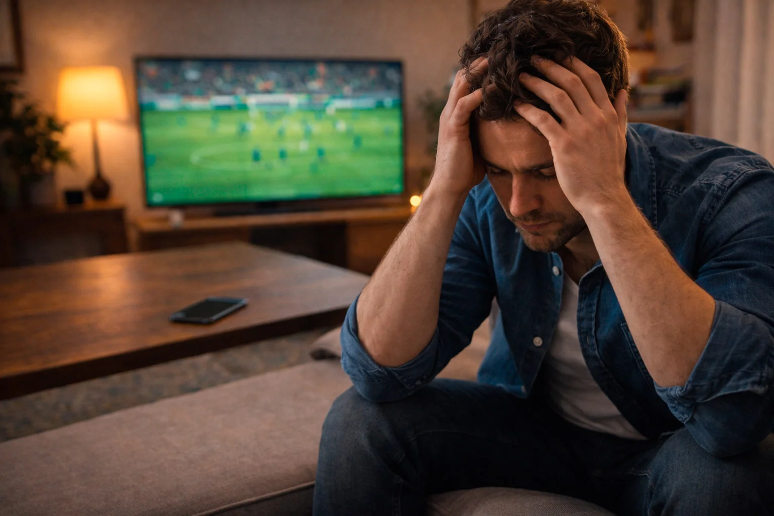 Tifoso frustrato davanti alla TV durante una partita di calcio