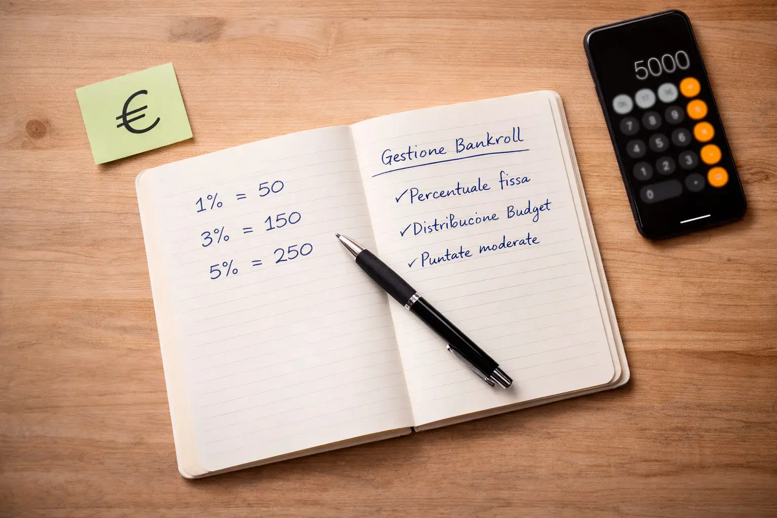 Blocco note con pianificazione del budget per scommesse e simbolo euro