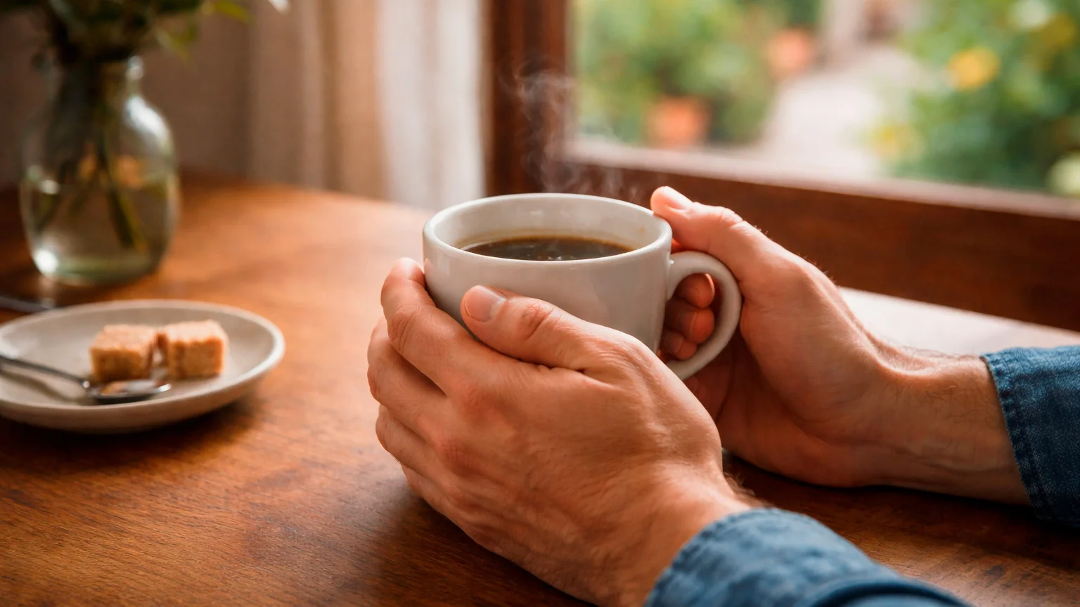 Mani che tengono una tazza di caffè in un momento di pausa e riflessione