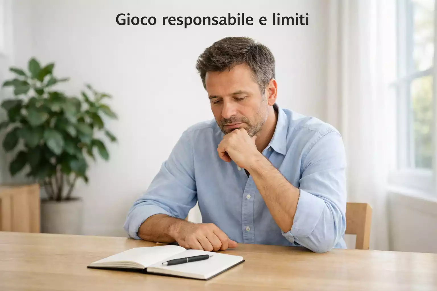 Persona seduta in un ambiente tranquillo che riflette con un blocco note davanti a sé