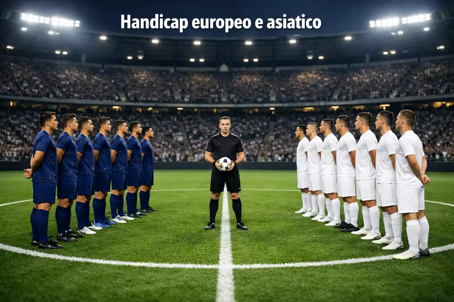 Due squadre di calcio schierate a centrocampo prima del fischio d'inizio