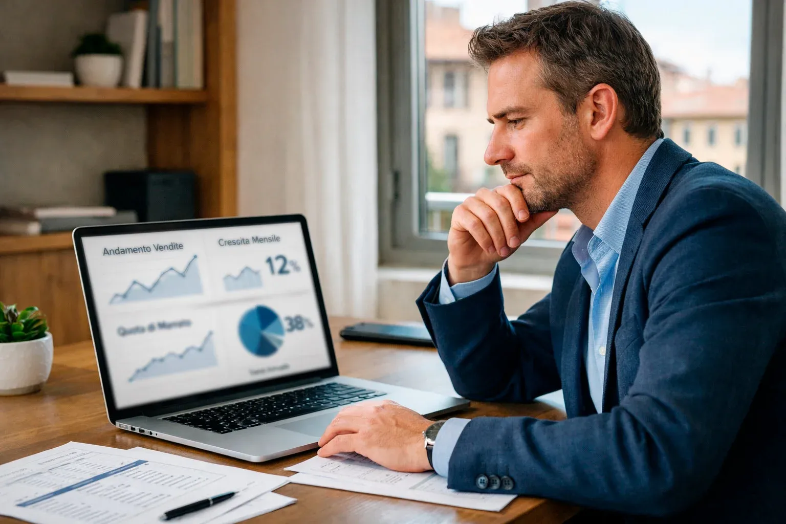 Professionista che analizza dati su laptop con grafici di quote sportive