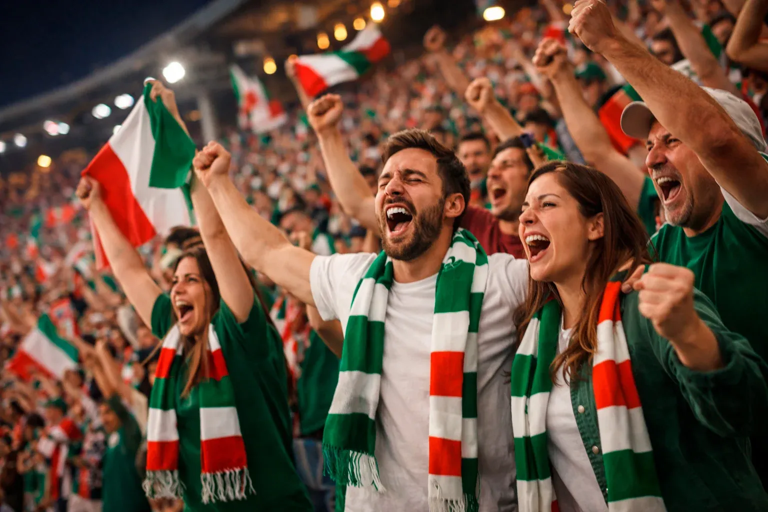 Tifosi italiani che esultano allo stadio durante una partita di calcio