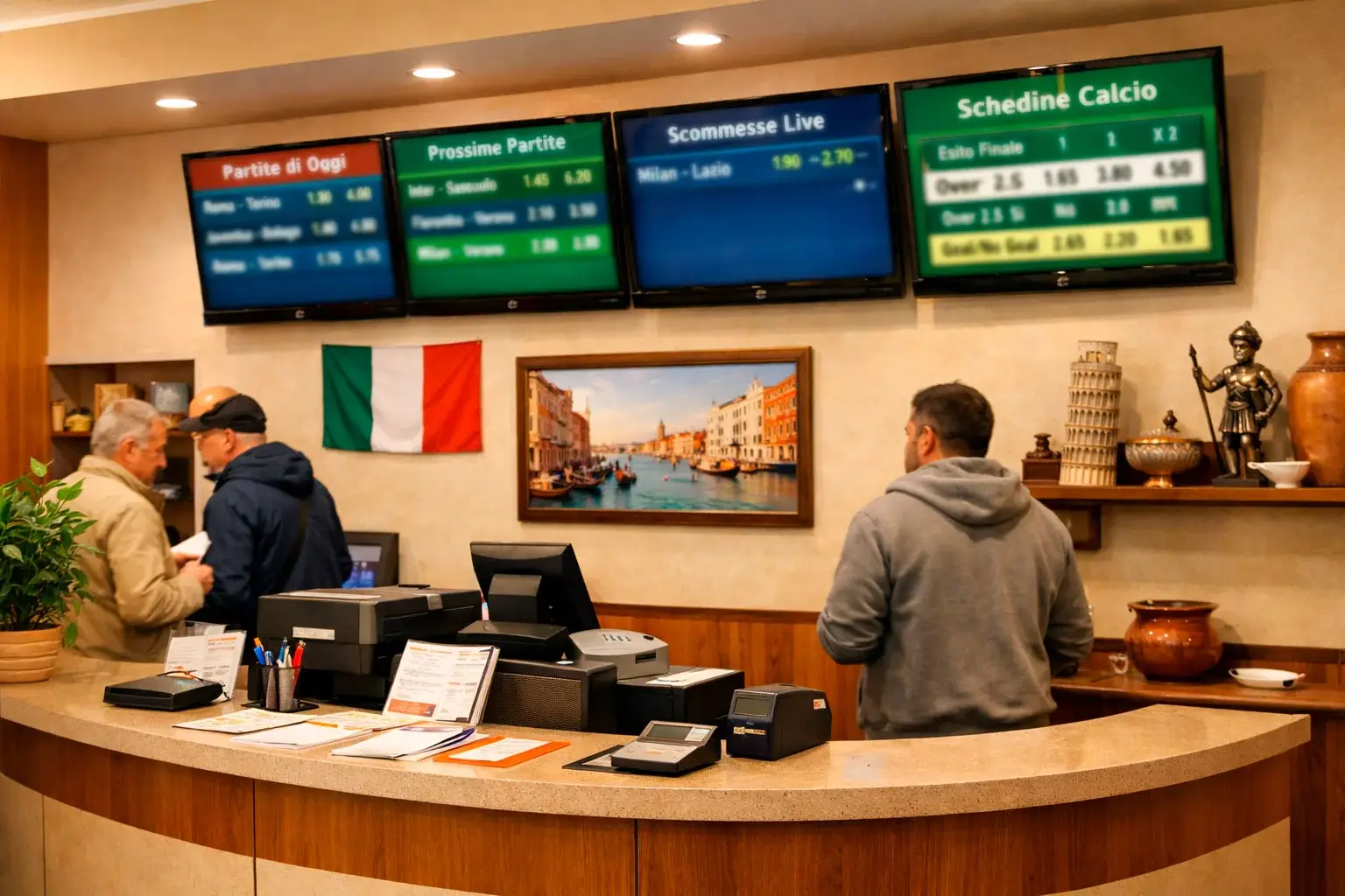 Ricevitoria scommesse italiana con schermi che mostrano palinsesto calcio