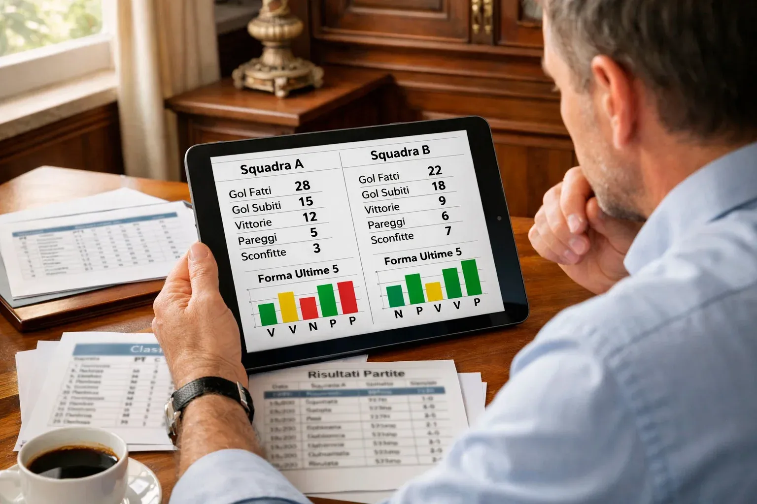 Persona che studia statistiche calcistiche su tablet e documenti