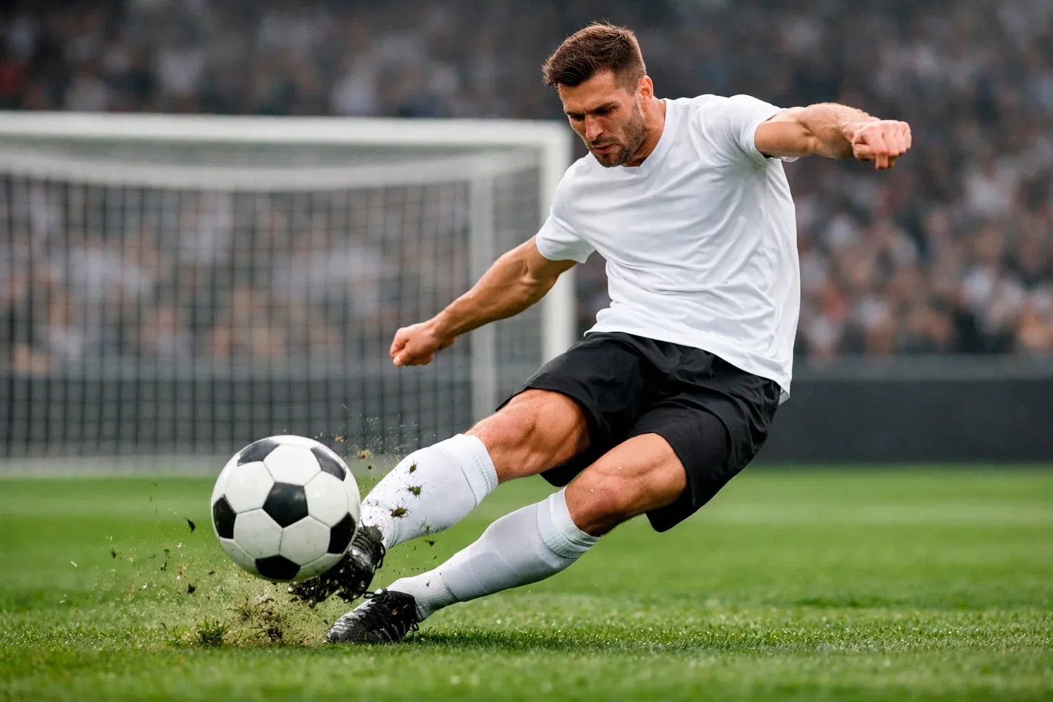 Attaccante che calcia verso la porta durante azione di gioco