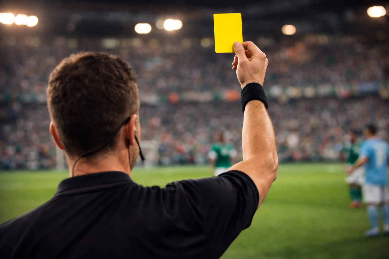 Arbitro che estrae cartellino giallo durante partita di Serie A