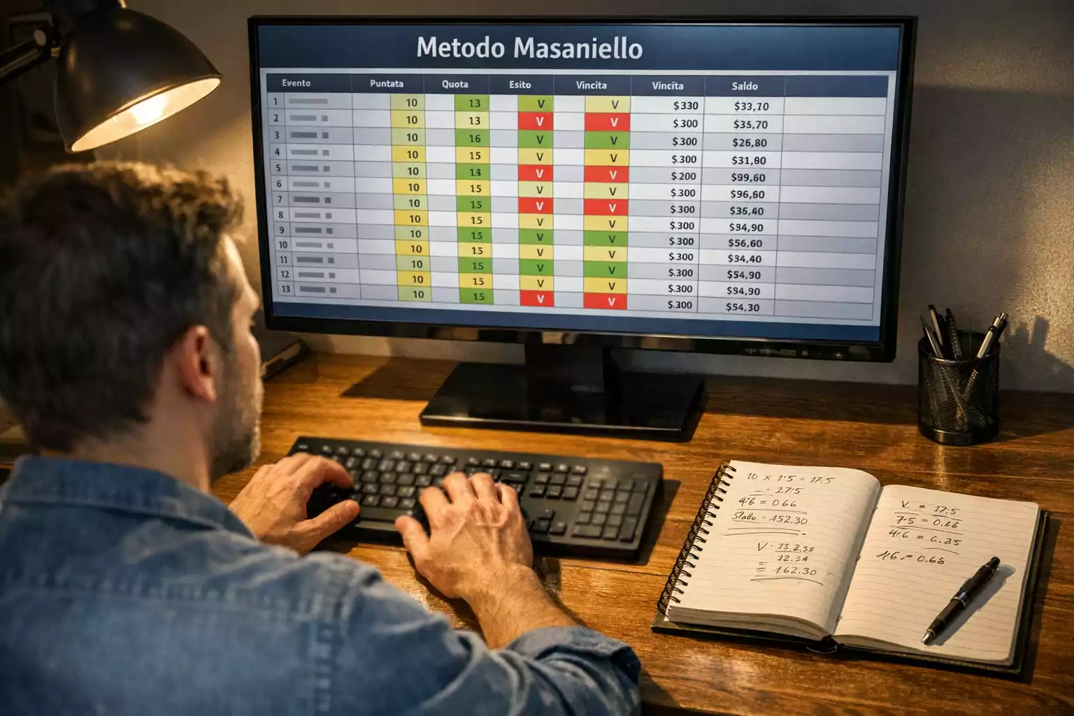 Persona che analizza una tabella di gestione stake su un foglio di calcolo al computer