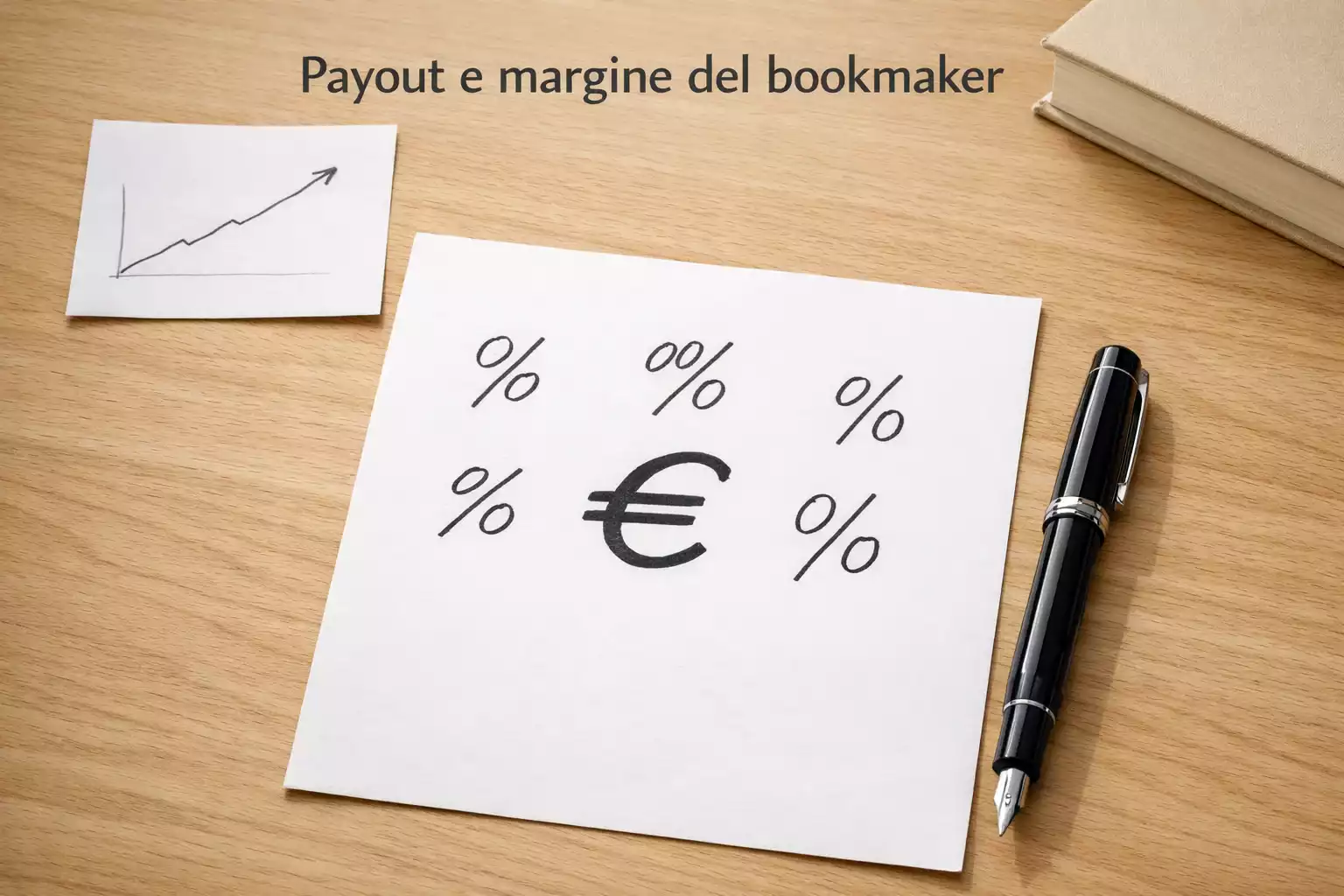 Documento con simboli percentuali e il segno dell'euro su una scrivania in legno accanto a una penna stilografica