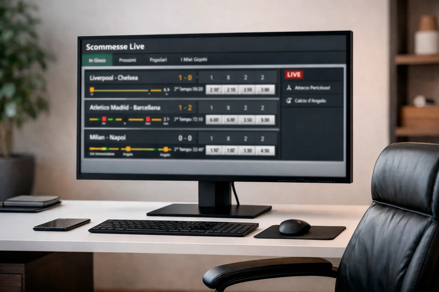 Interfaccia di piattaforma di scommesse live su computer desktop