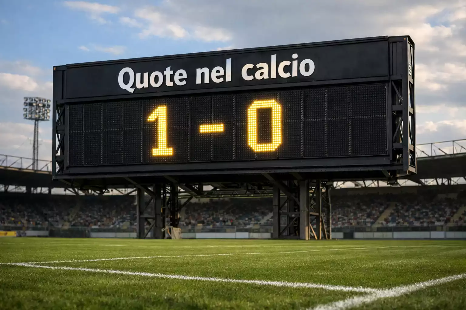 Primo piano di un tabellone con numeri e quote in uno stadio di calcio con il campo verde sullo sfondo