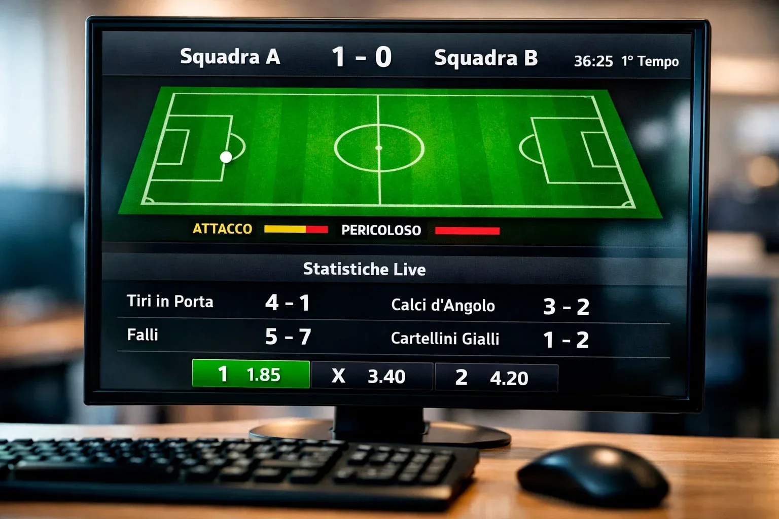 Schermo con quote di scommesse che cambiano durante una partita di calcio