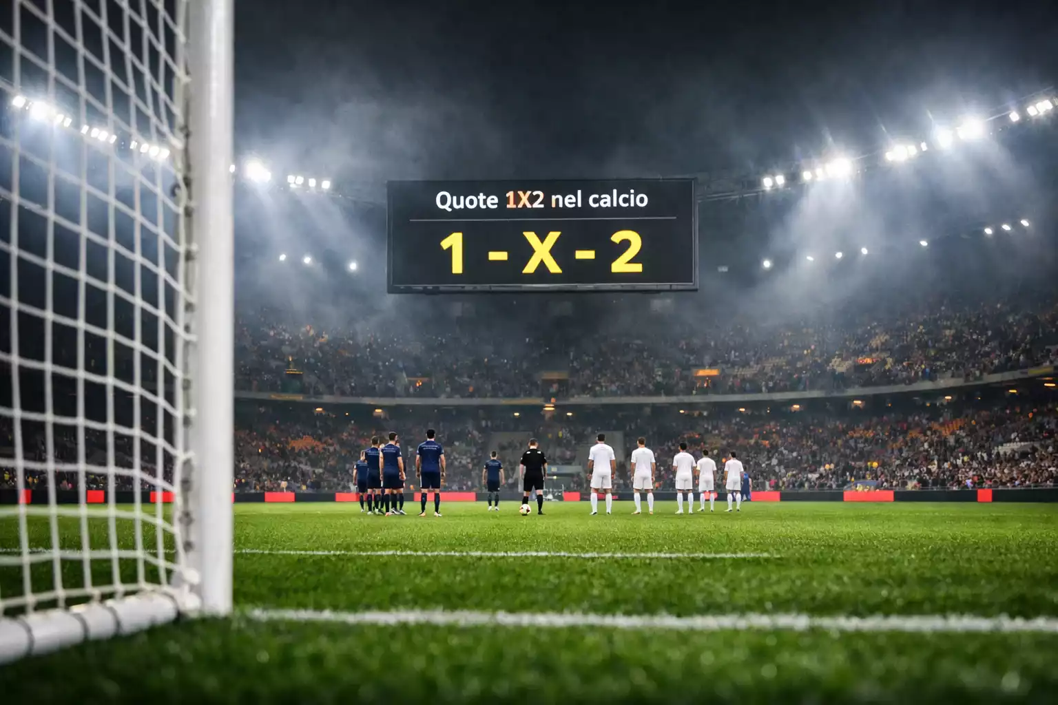 Stadio di calcio con tifosi durante una partita serale sotto i riflettori