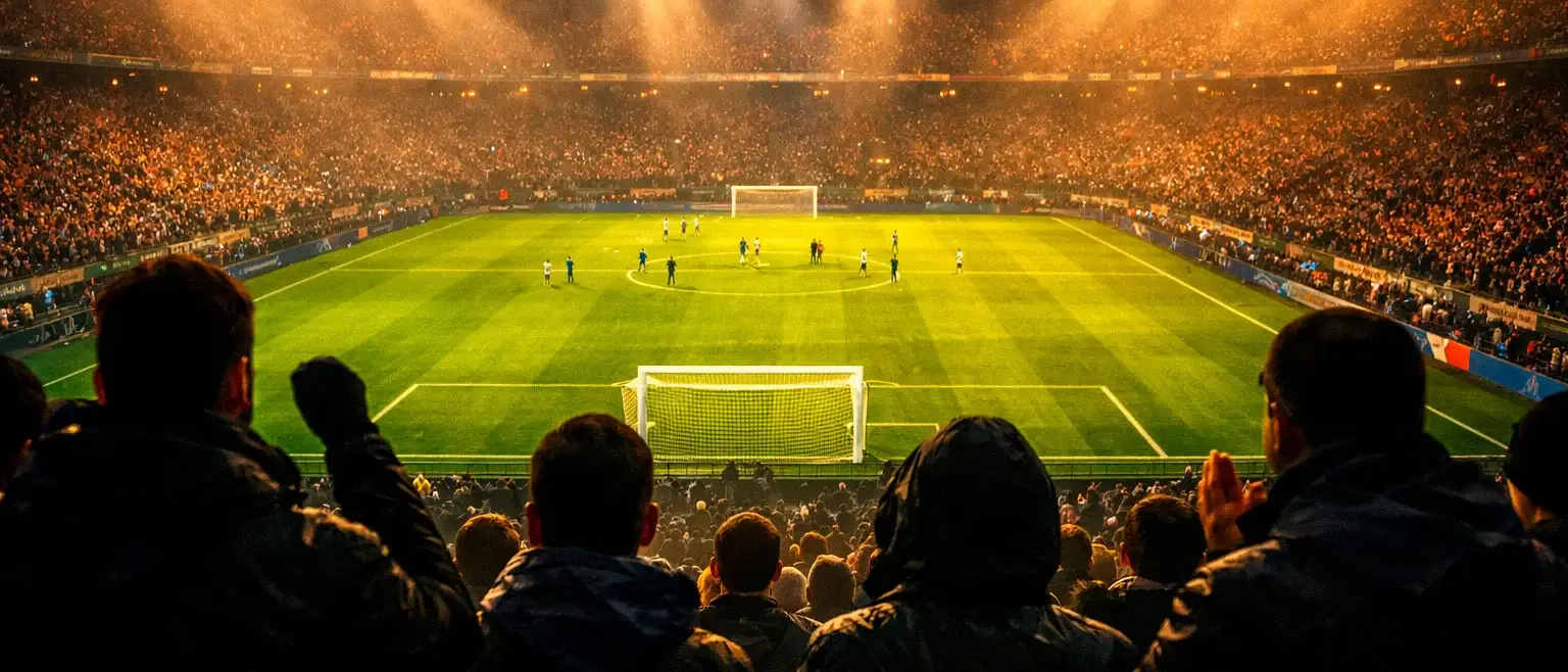 Tifosi allo stadio che guardano una partita di calcio con atmosfera serale