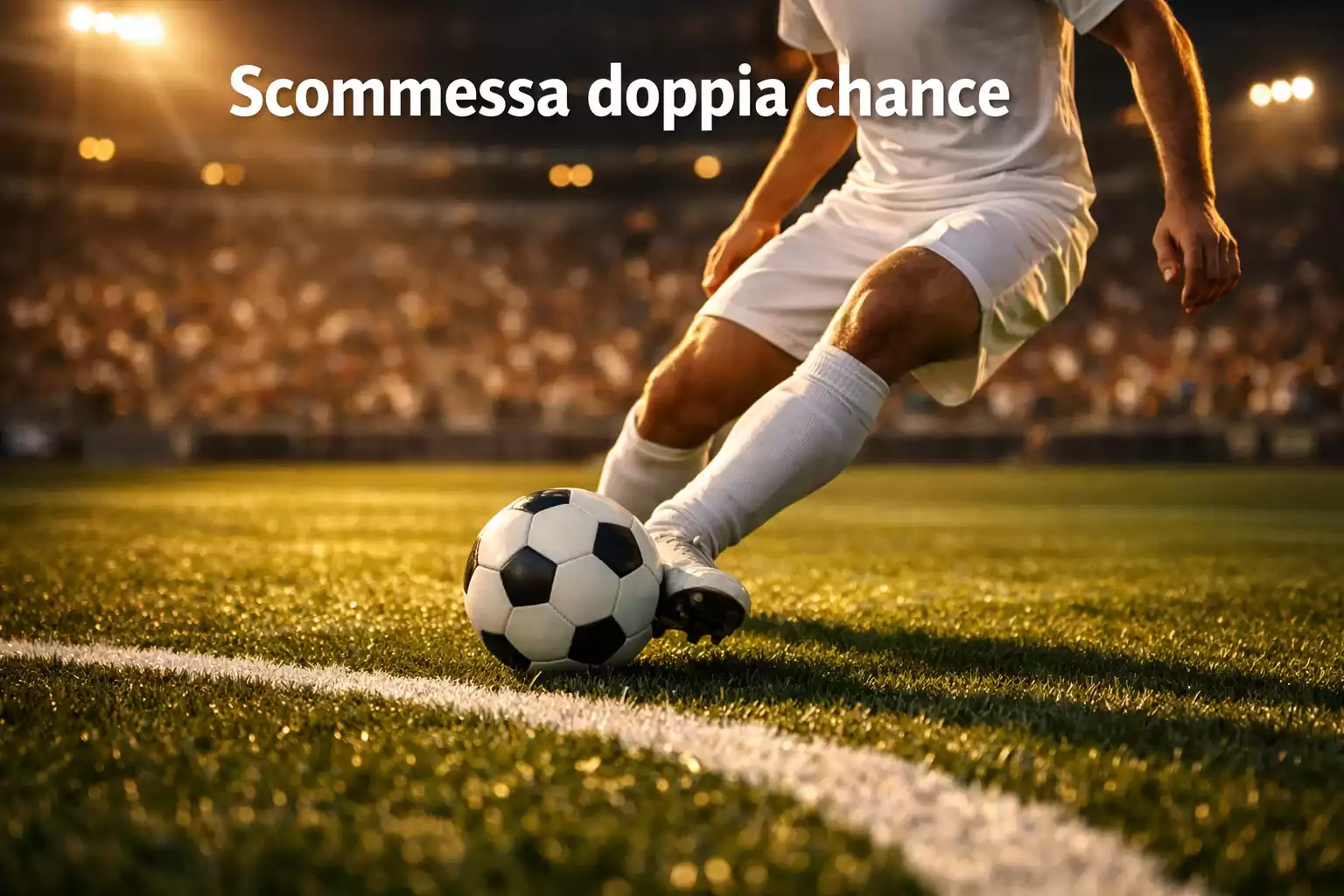 Giocatore di calcio che controlla il pallone su un campo in erba illuminato