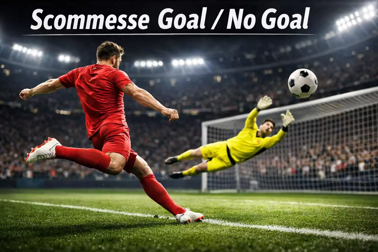 Attaccante che calcia verso la porta avversaria in uno stadio affollato