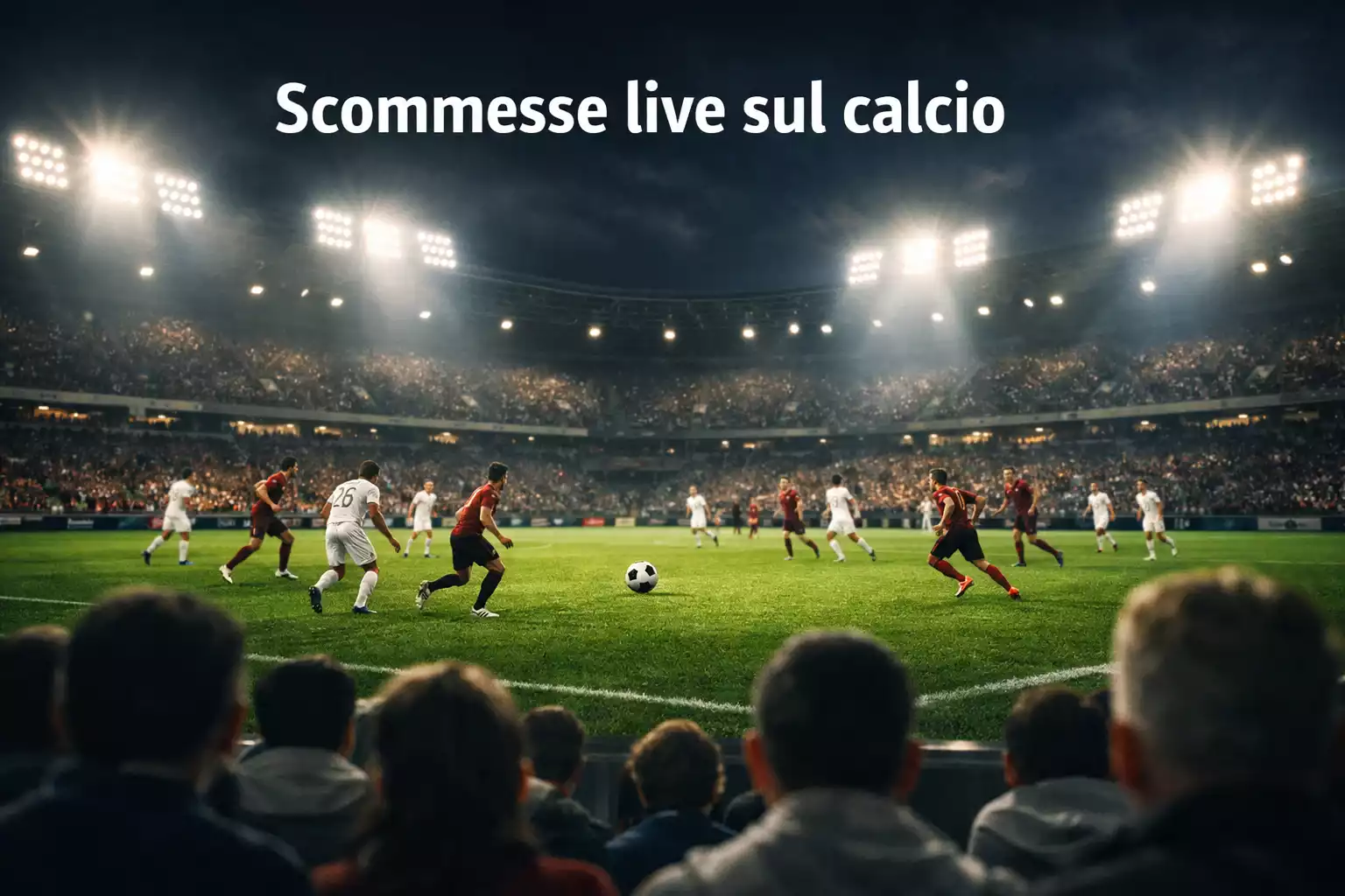 Tifosi che guardano una partita di calcio su un campo in erba naturale sotto i riflettori dello stadio durante una partita serale