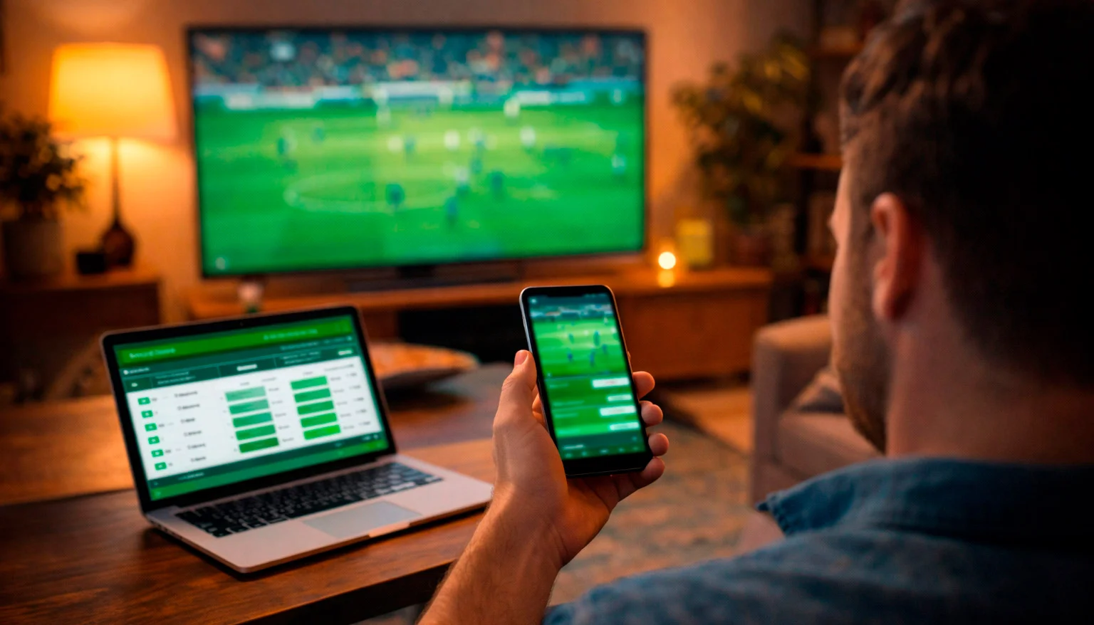 Tifoso che guarda una partita di calcio in diretta su smartphone mentre segue le quote live