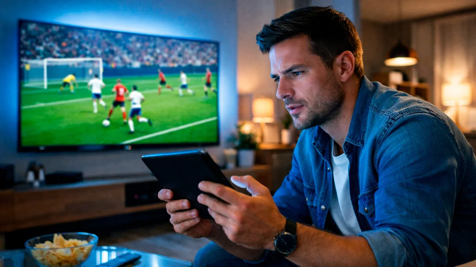 Uomo che guarda partita di calcio in diretta su schermo con tablet in mano