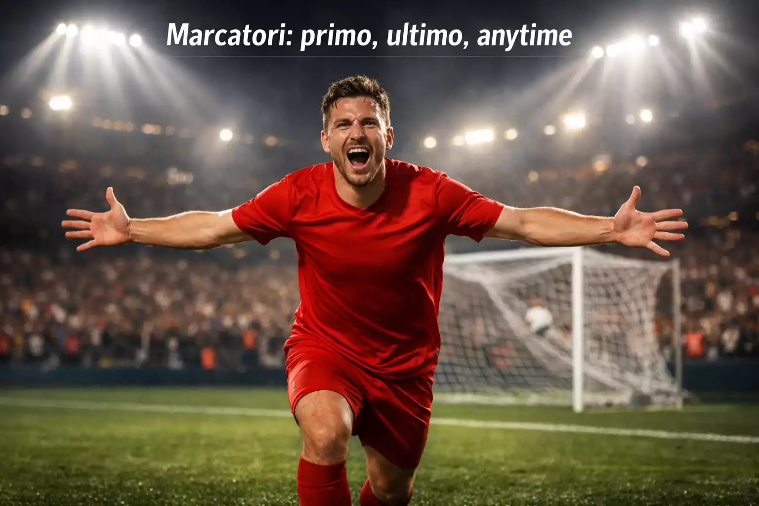 Attaccante che esulta dopo un gol sotto i riflettori dello stadio
