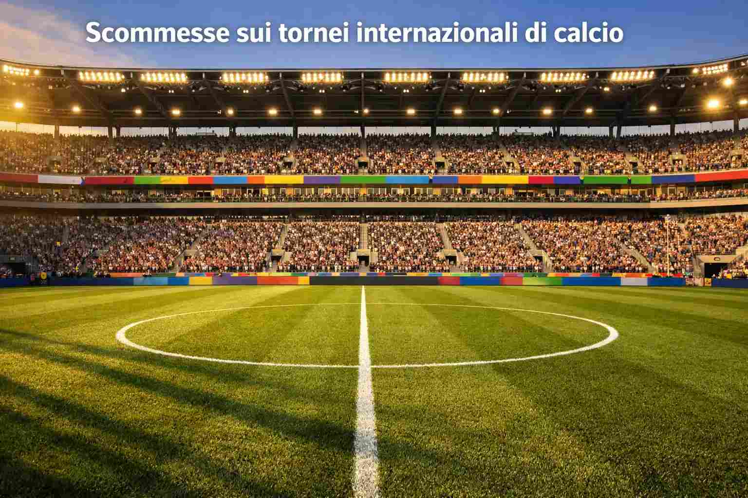 Stadio internazionale con bandiere di diverse nazioni prima di una partita dei Mondiali di calcio