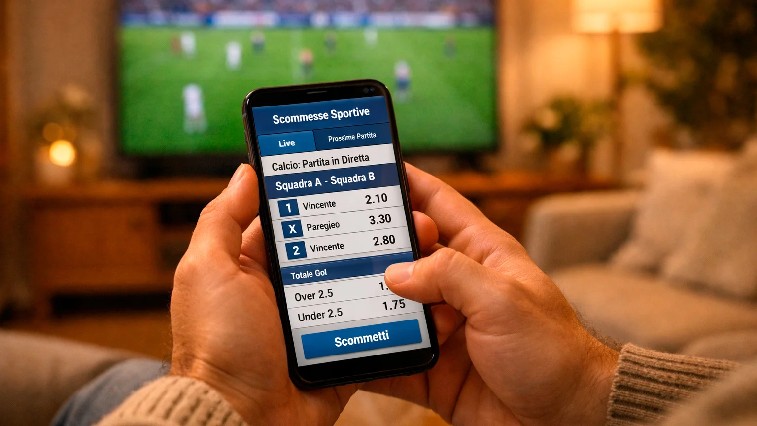 Persona che utilizza smartphone per scommesse calcio con partita in TV sullo sfondo