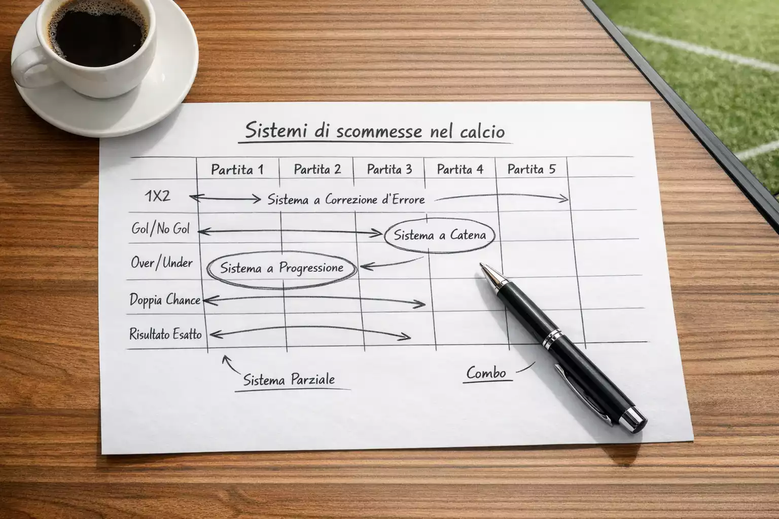 Foglio con combinazioni di scommesse sportive accanto a un campo di calcio visto dall'alto