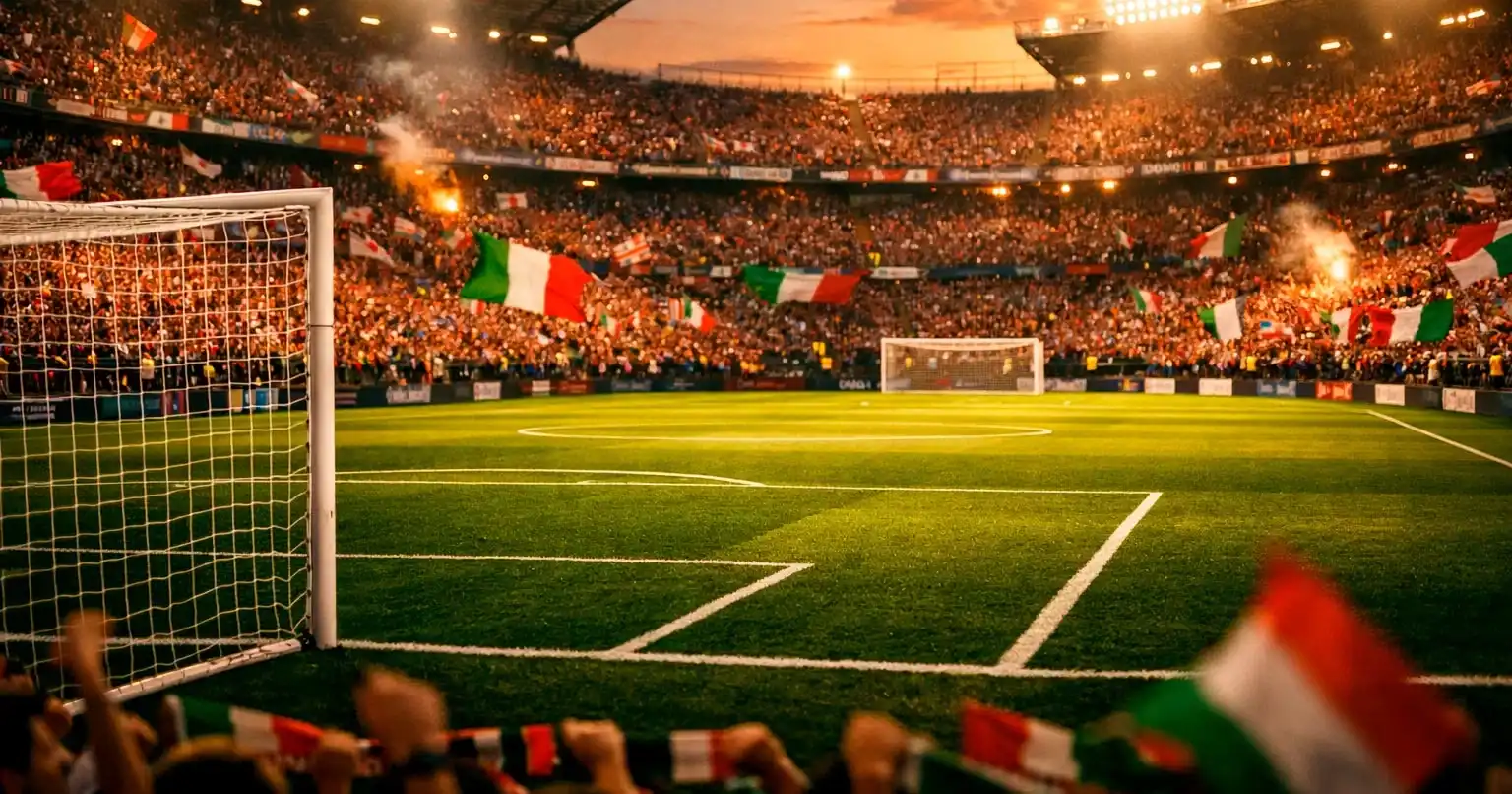 Stadio di Serie A gremito di tifosi durante una partita di calcio