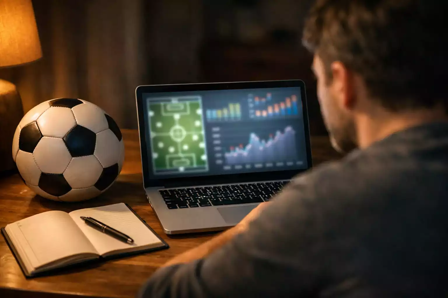 Persona che analizza dati sportivi su un laptop con un pallone da calcio sulla scrivania