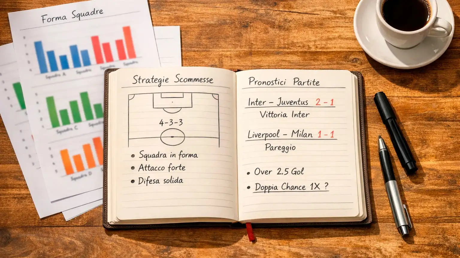 Scrivania con blocco note e appunti su statistiche partite di calcio