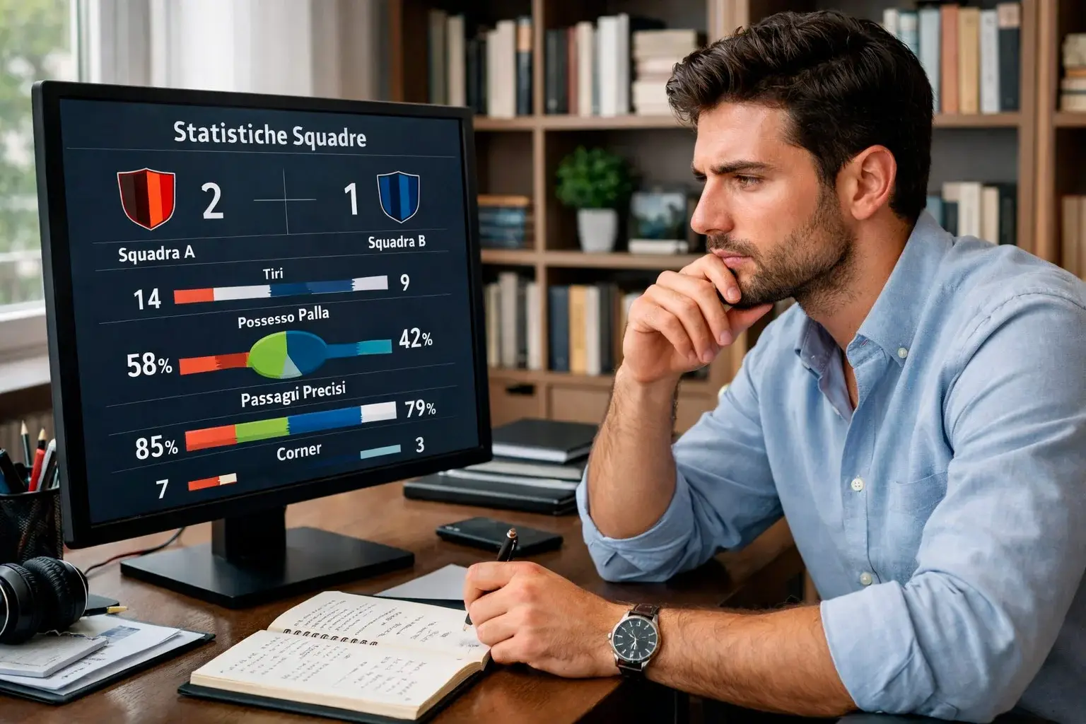 Scommettitore concentrato che studia statistiche di calcio alla scrivania