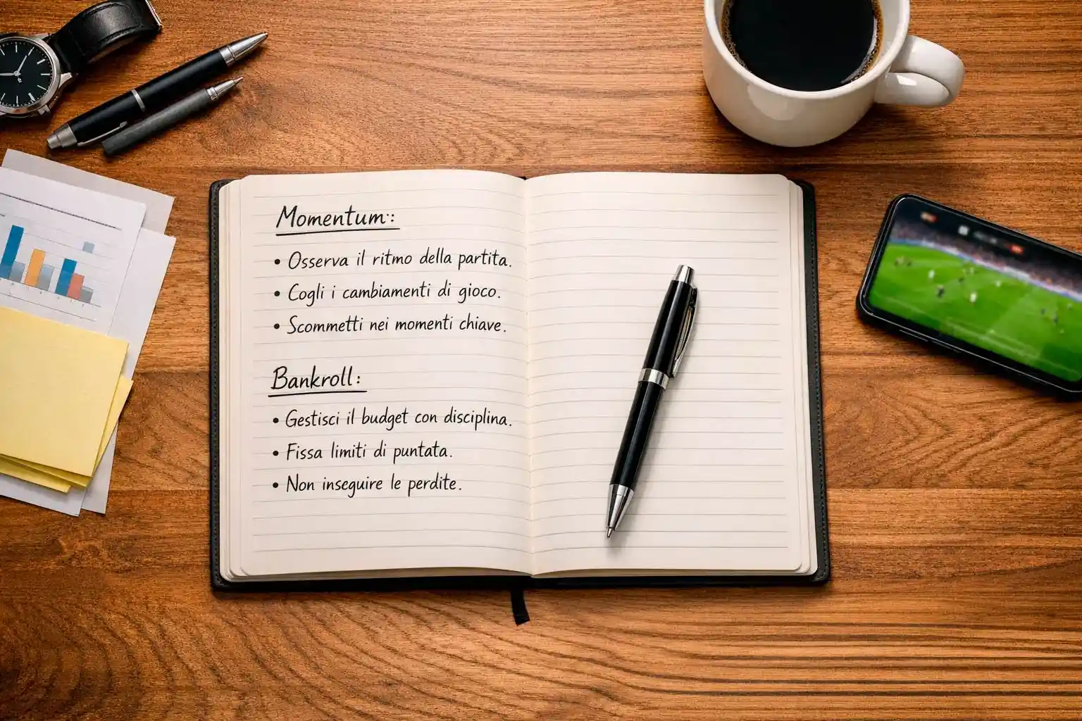 Appunti con strategie di scommesse live e penna su scrivania