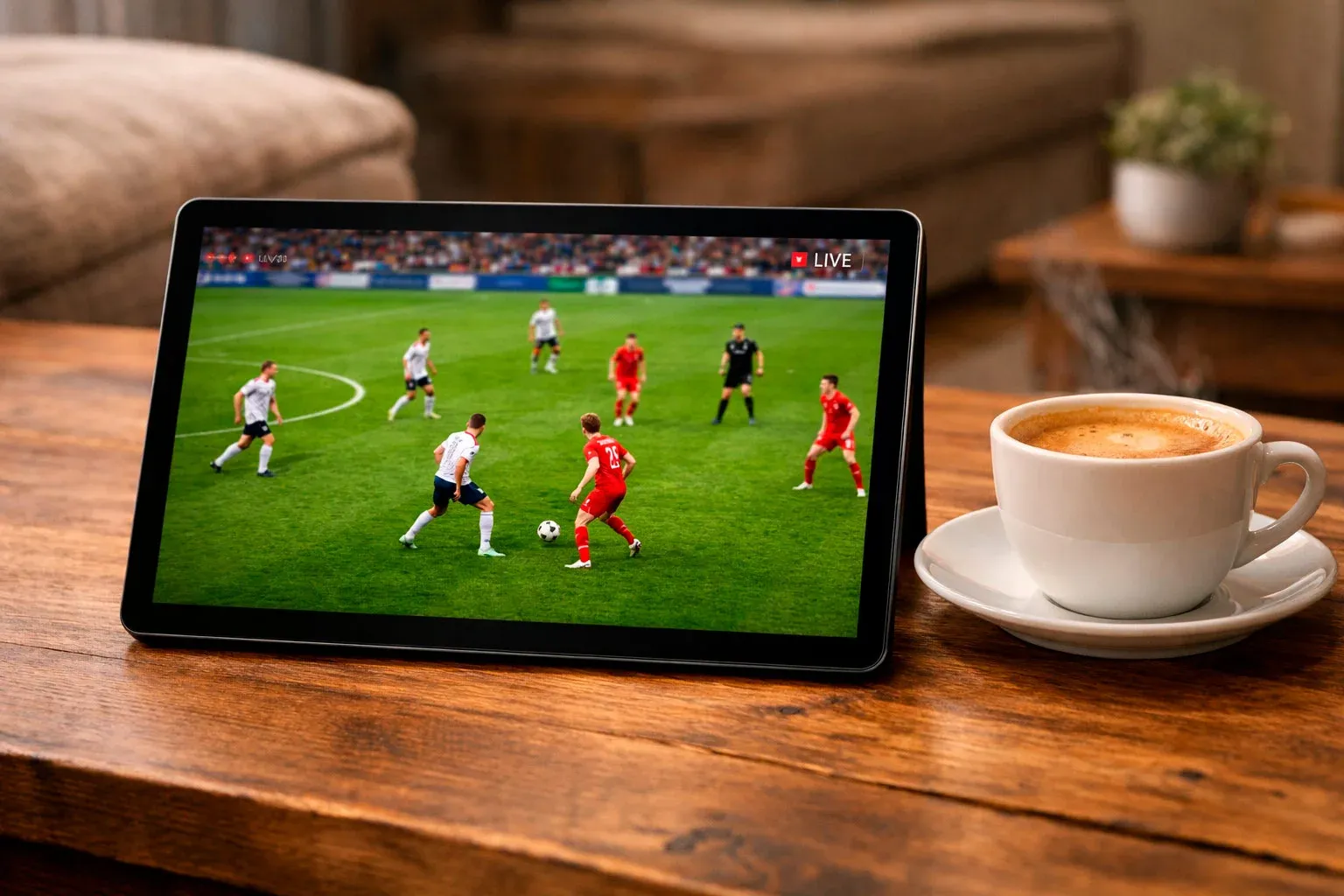 Streaming di una partita di calcio su tablet con campo in erba verde