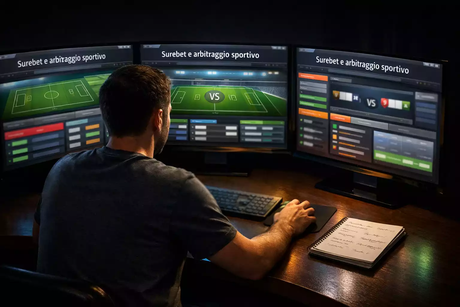 Persona davanti a più schermi che confronta le quote di diversi bookmaker sportivi