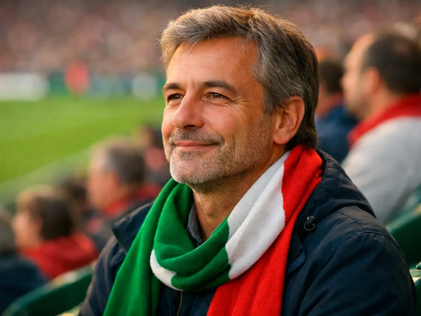 Tifoso italiano che guarda serenamente la partita allo stadio