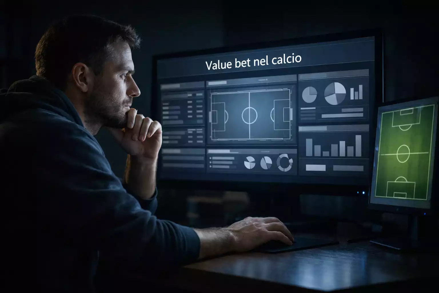 Scommettitore che analizza statistiche e quote di calcio su un monitor con dati delle partite